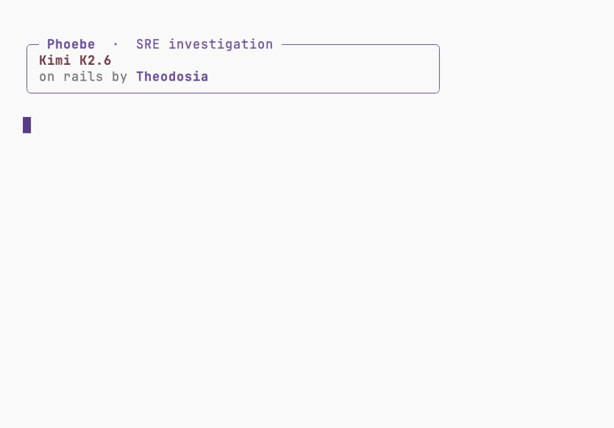 A real Kimi K2.6 run stepping through a gated SRE investigation on rails