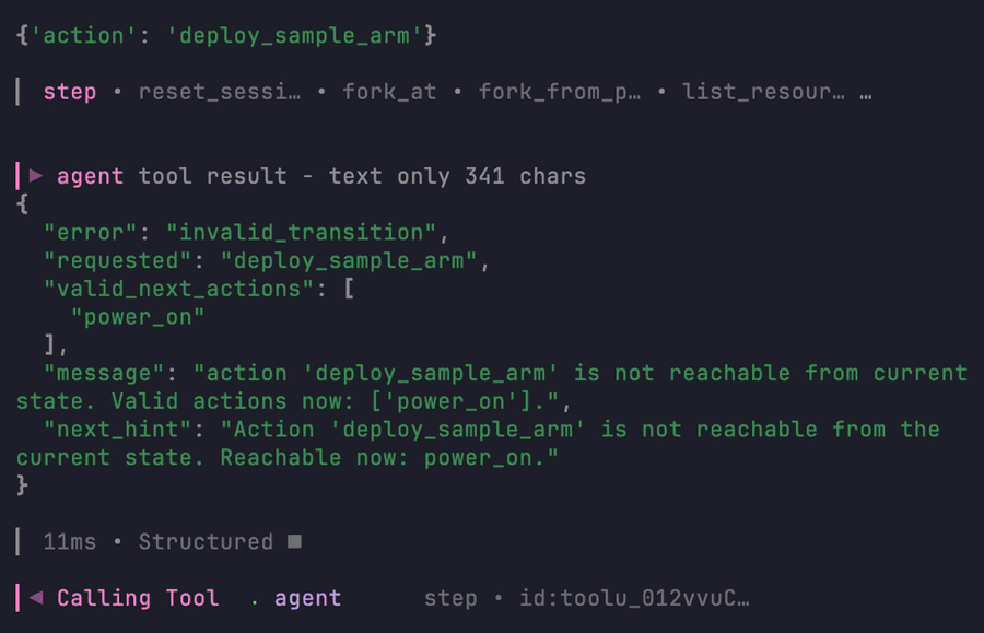 fast-agent driving the rover MCP server: the agent tries to deploy the arm first, the server refuses with the legal action, and the agent recovers